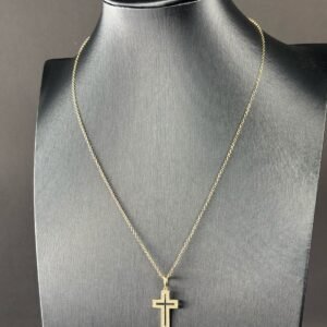 Corrente Elo Português 45cm Pingente Cruz Cravejado em Zirconia em ouro 18k